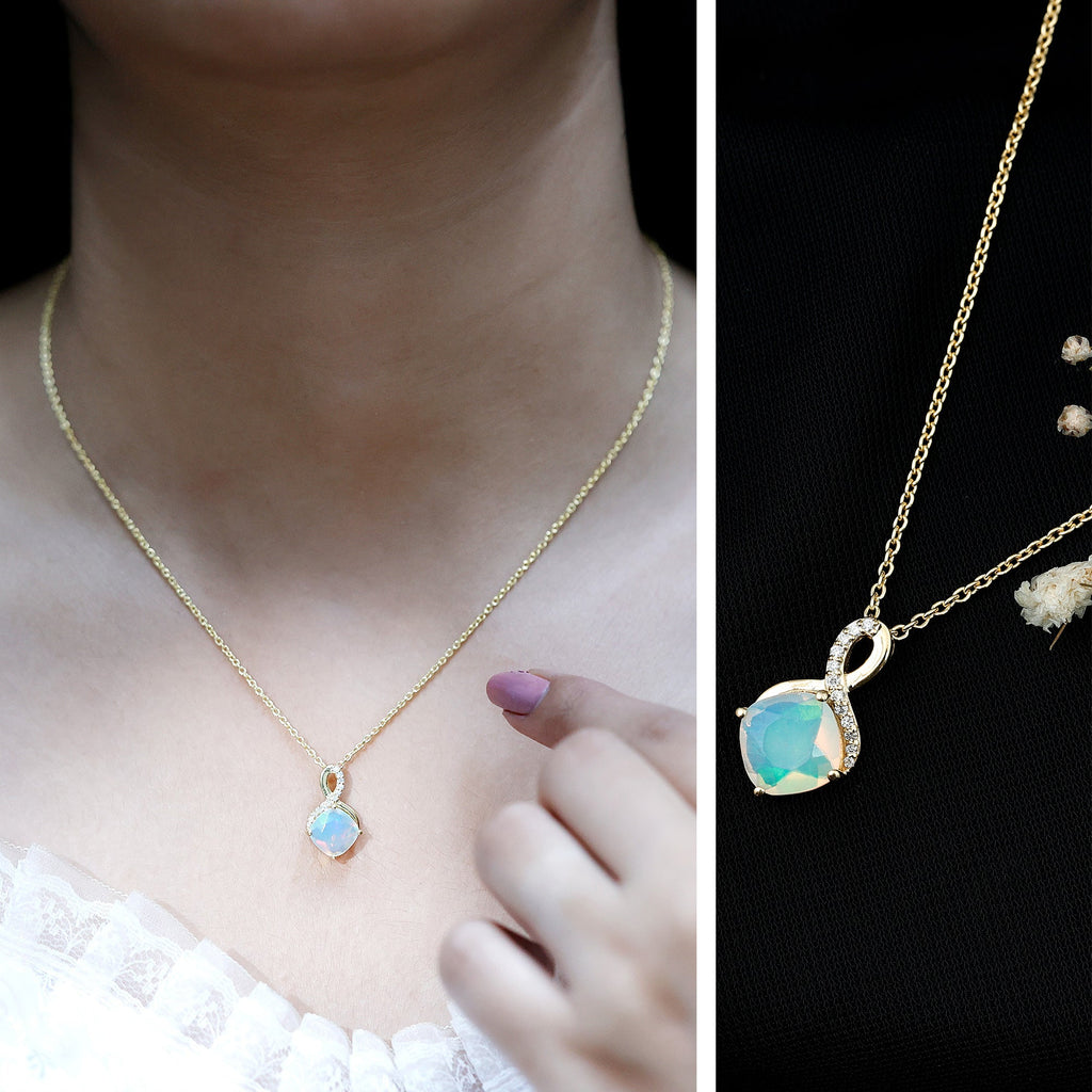 Cushion Cut Ethiopian Opal Infinity Necklace with Silver Chain