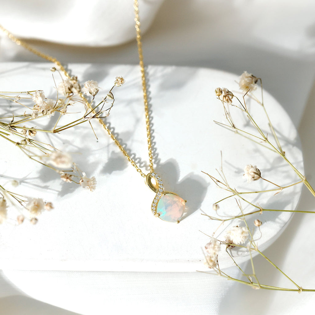 Cushion Cut Ethiopian Opal Infinity Necklace with Silver Chain