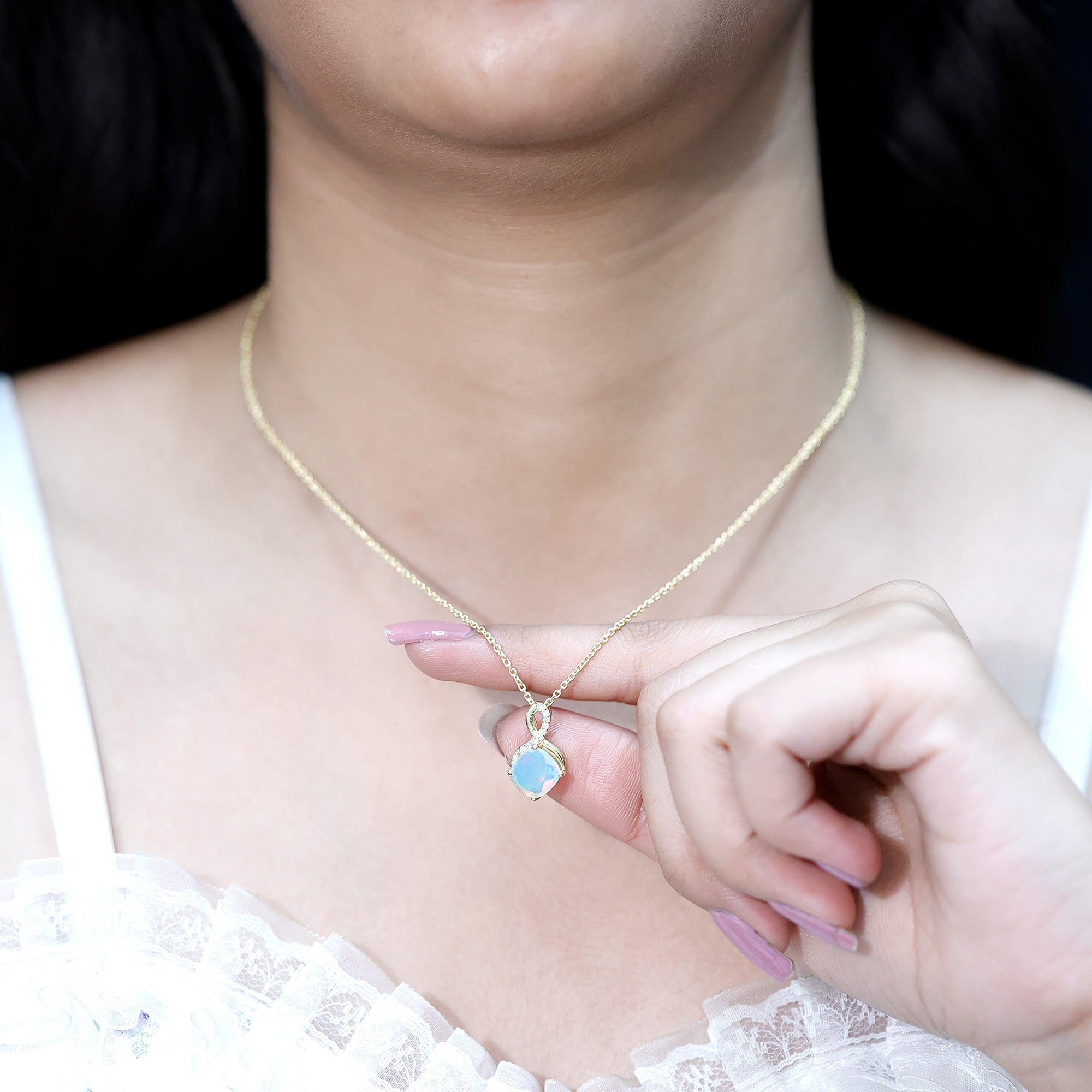 Cushion Cut Ethiopian Opal Infinity Necklace with Silver Chain