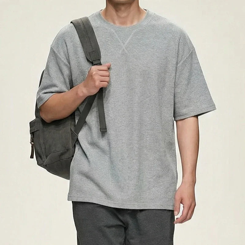 2026 New Men's Summer T Shirt 220g Waffle Round Neck T-shirt Solid Color Loose Simple Short Sleeve Top T Shirts