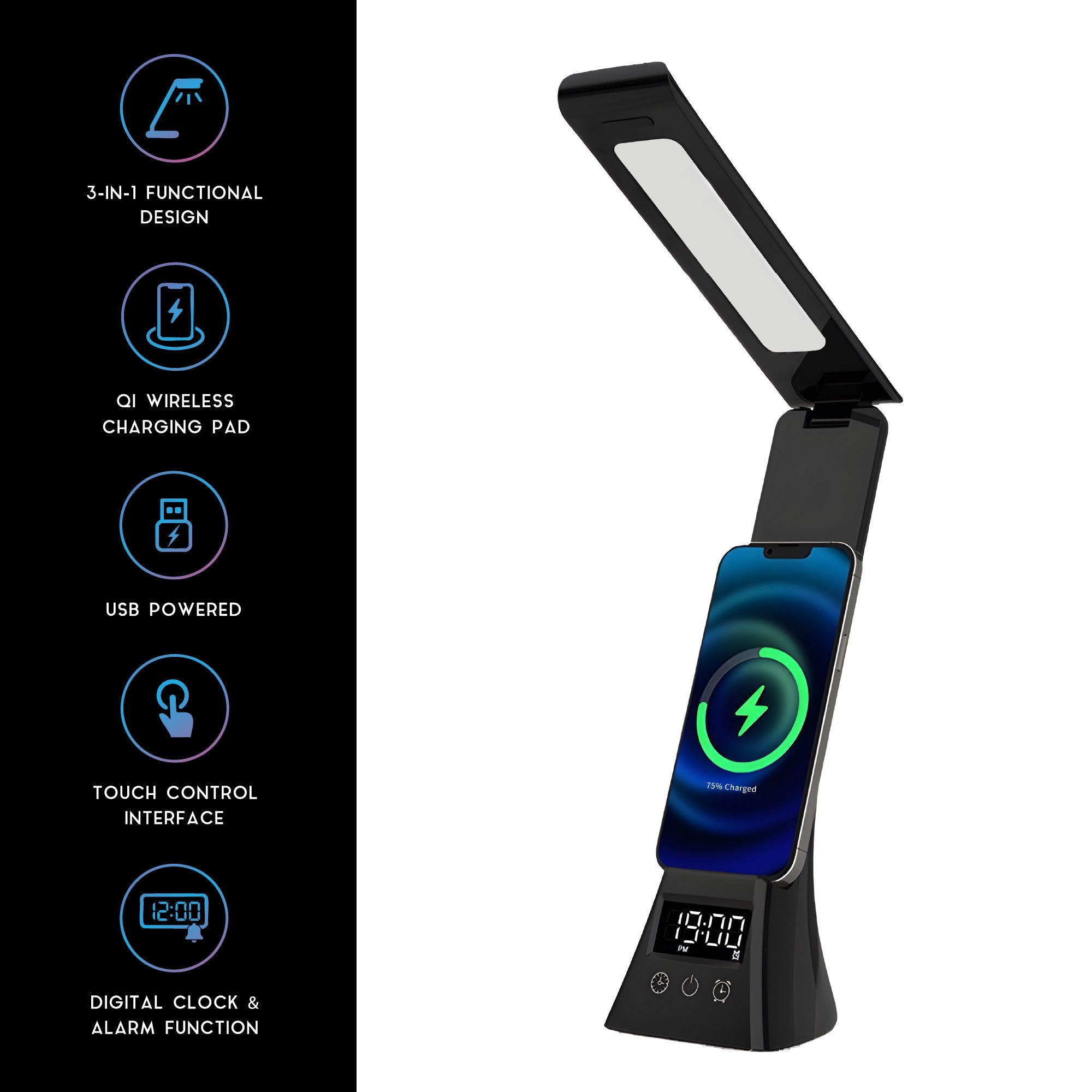 Pursonic 3-in-1 LED Desk Lamp with Wireless Charger and Alarm Clock – Sleek, Smart, and Space-Saving-1