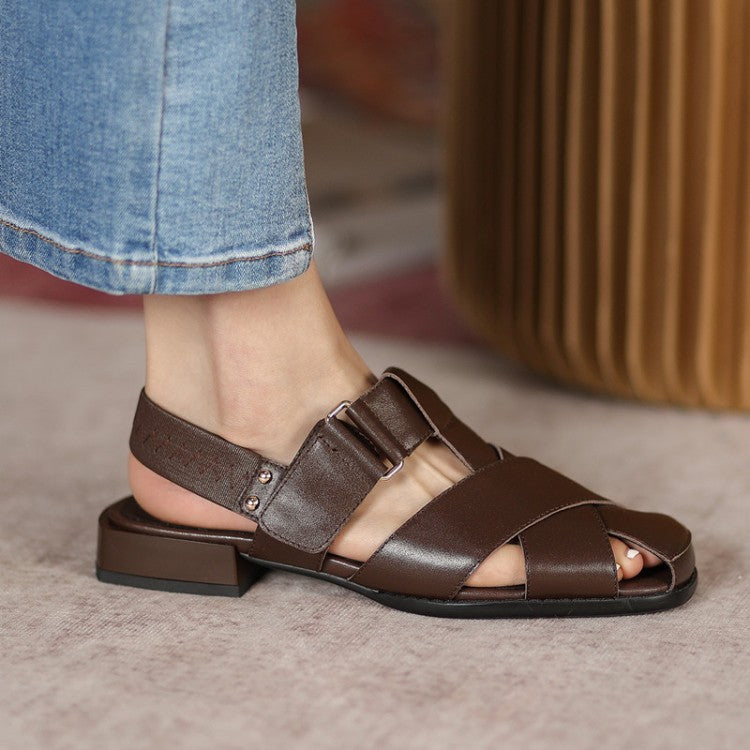 Retro Low-heel Velcro Thick-heeled Sandals for Women