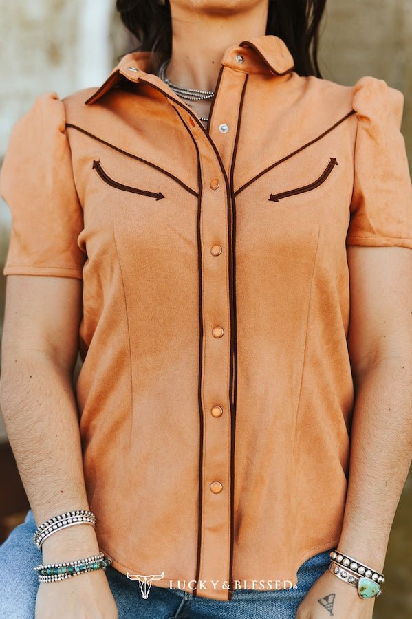 Camel Suede Contrast Arrow Pearl Snap Puff Sleeve Top