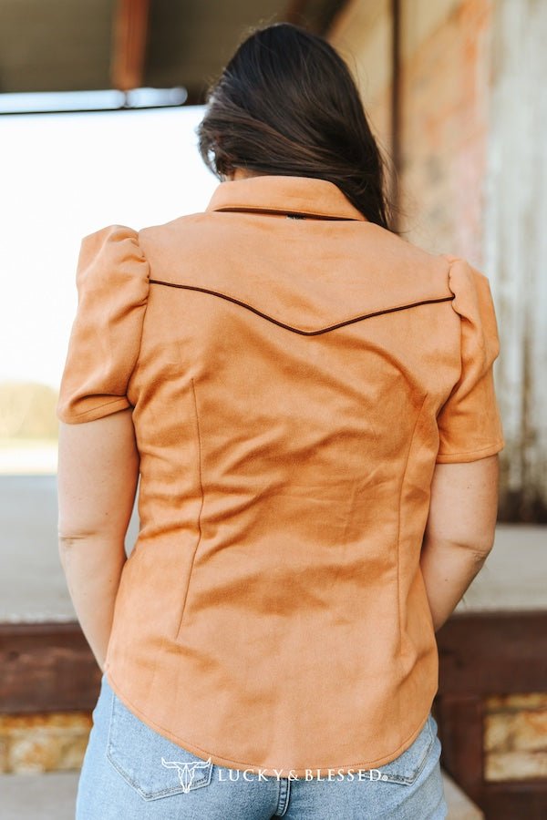 Camel Suede Contrast Arrow Pearl Snap Puff Sleeve Top