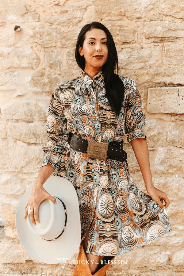 Concho Printed Collared Ruffle Button Down Dress