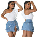 Ripped Pocket Denim Hip Skirt