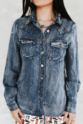 Denim Blue Washed Concho Button Down Western Tencel Shirt