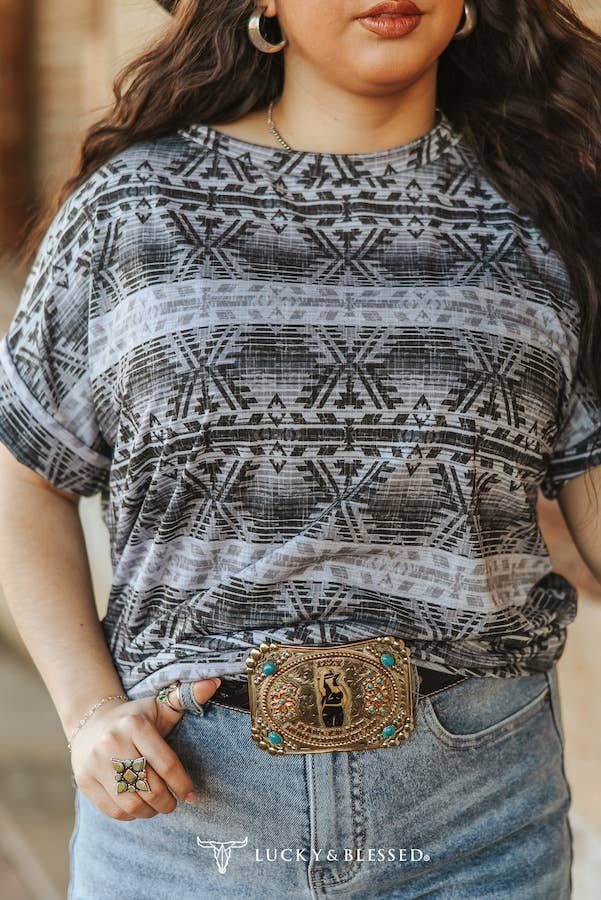 Distressed Black Aztec Cuffled Rolled Short Sleeve Top - medium remaining