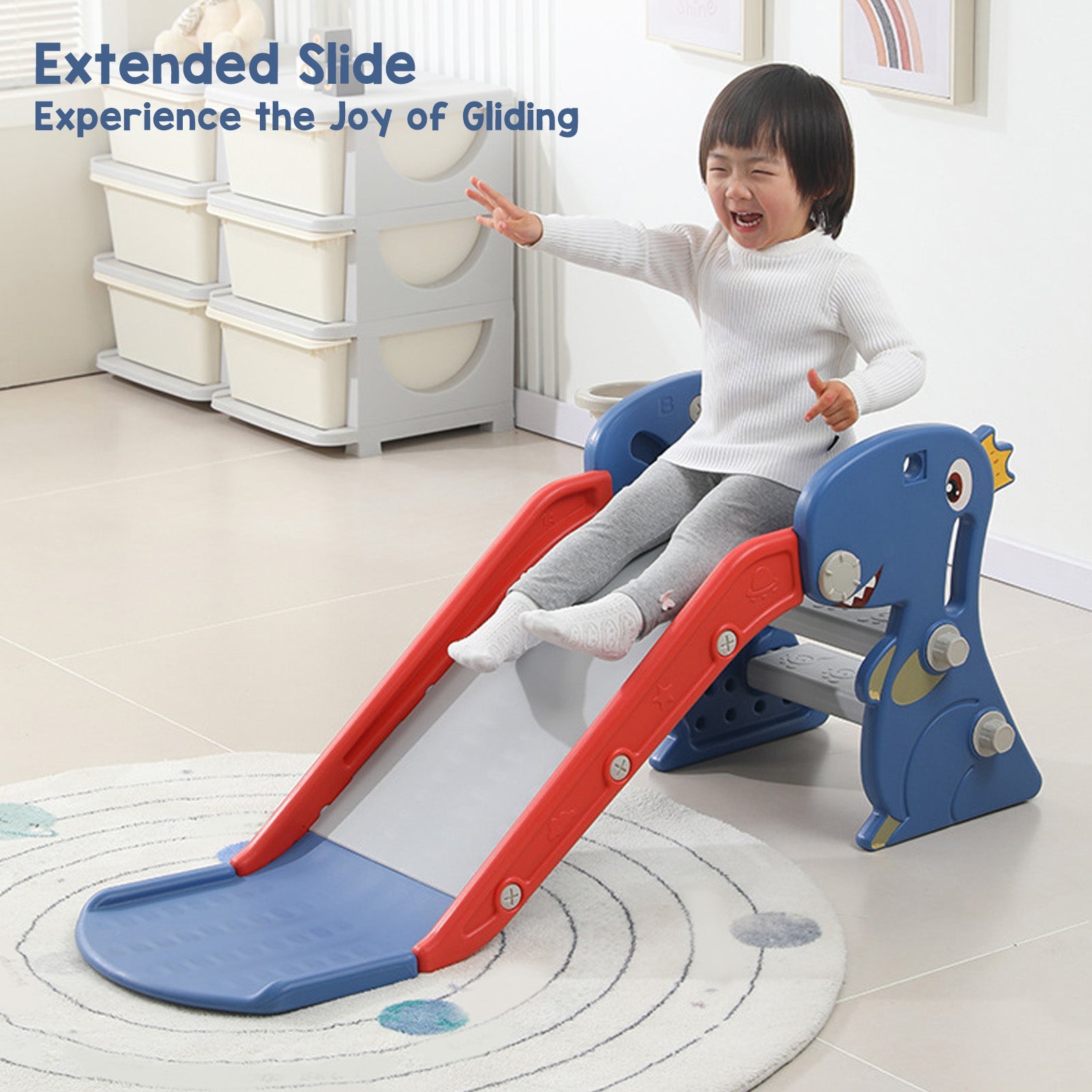 Toddler Indoor Slide For 0 To 3 Years Old Easy Assembly Dinosaur Shape Foldable Slide With Basketball Hoop Stairs Blue