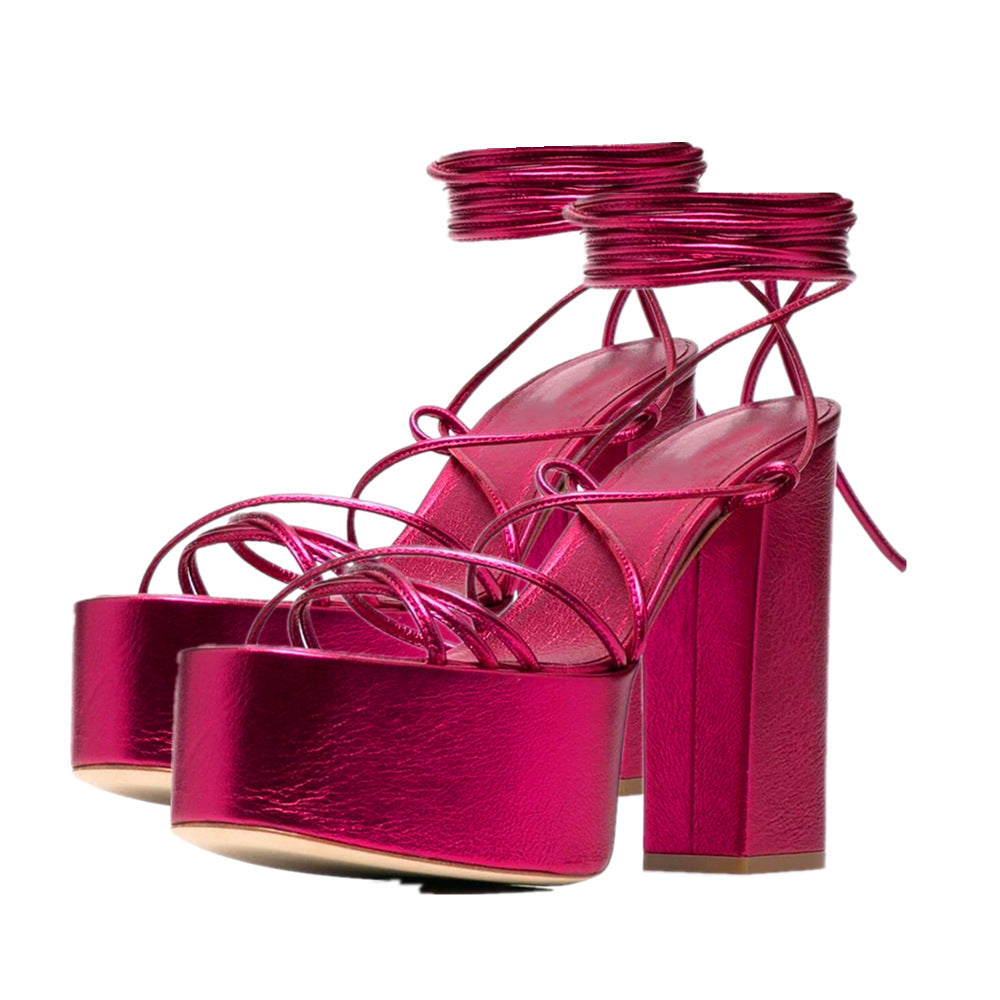 Ladies' High-Heeled Strappy Round-Toe Platform Sandals