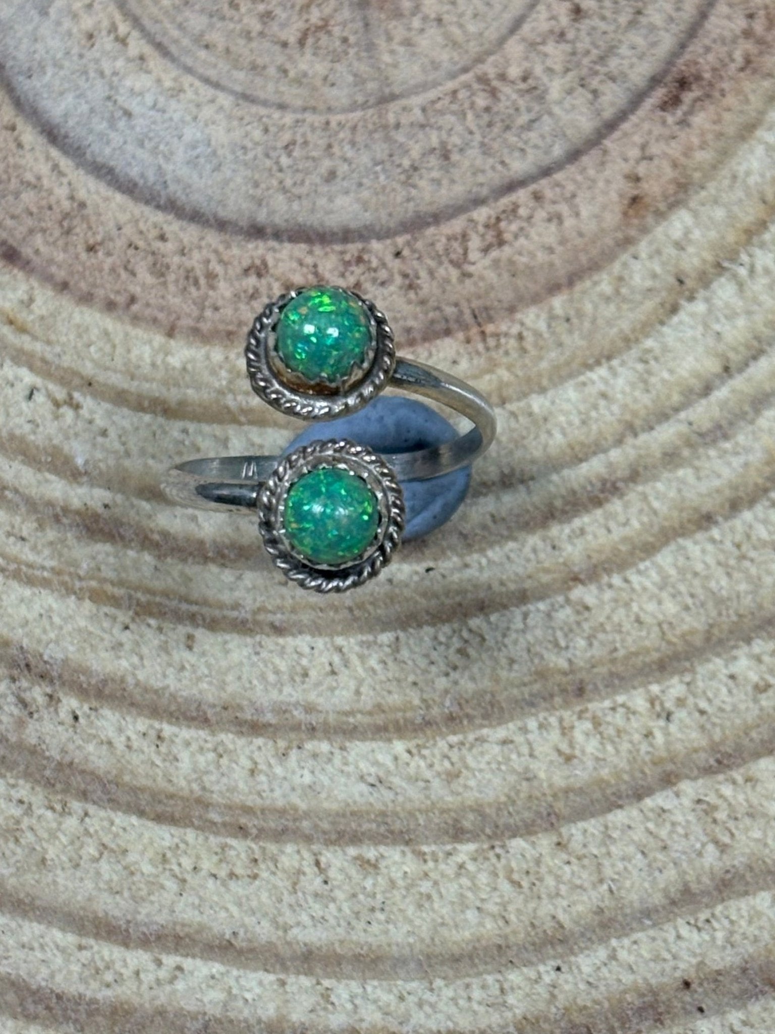 Esther White Navajo Handmade SS Green Opalite Adjustable Ring
