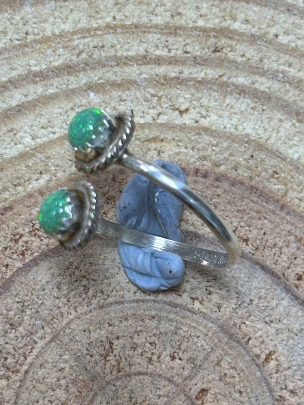 Esther White Navajo Handmade SS Green Opalite Adjustable Ring