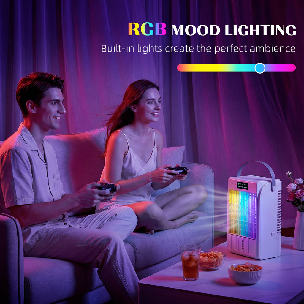 Portable Air Conditioner, 4-in-1 Mini Air Cooler with 4 Wind Speed, 2 Mist Mode, RGB 7 LED Light