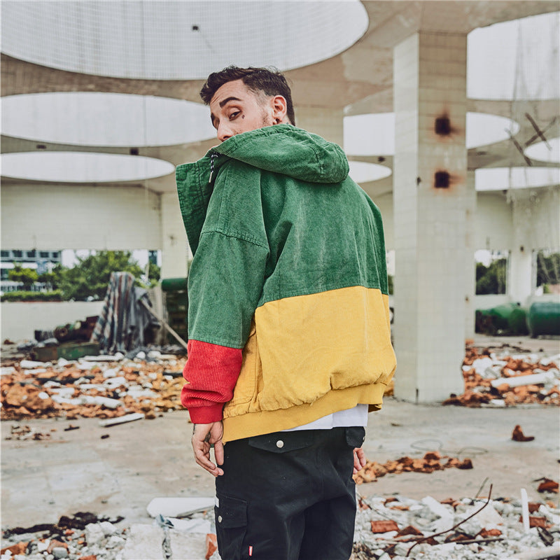 Corduroy Hip-Hop Patchwork Hooded Jacket for Couples