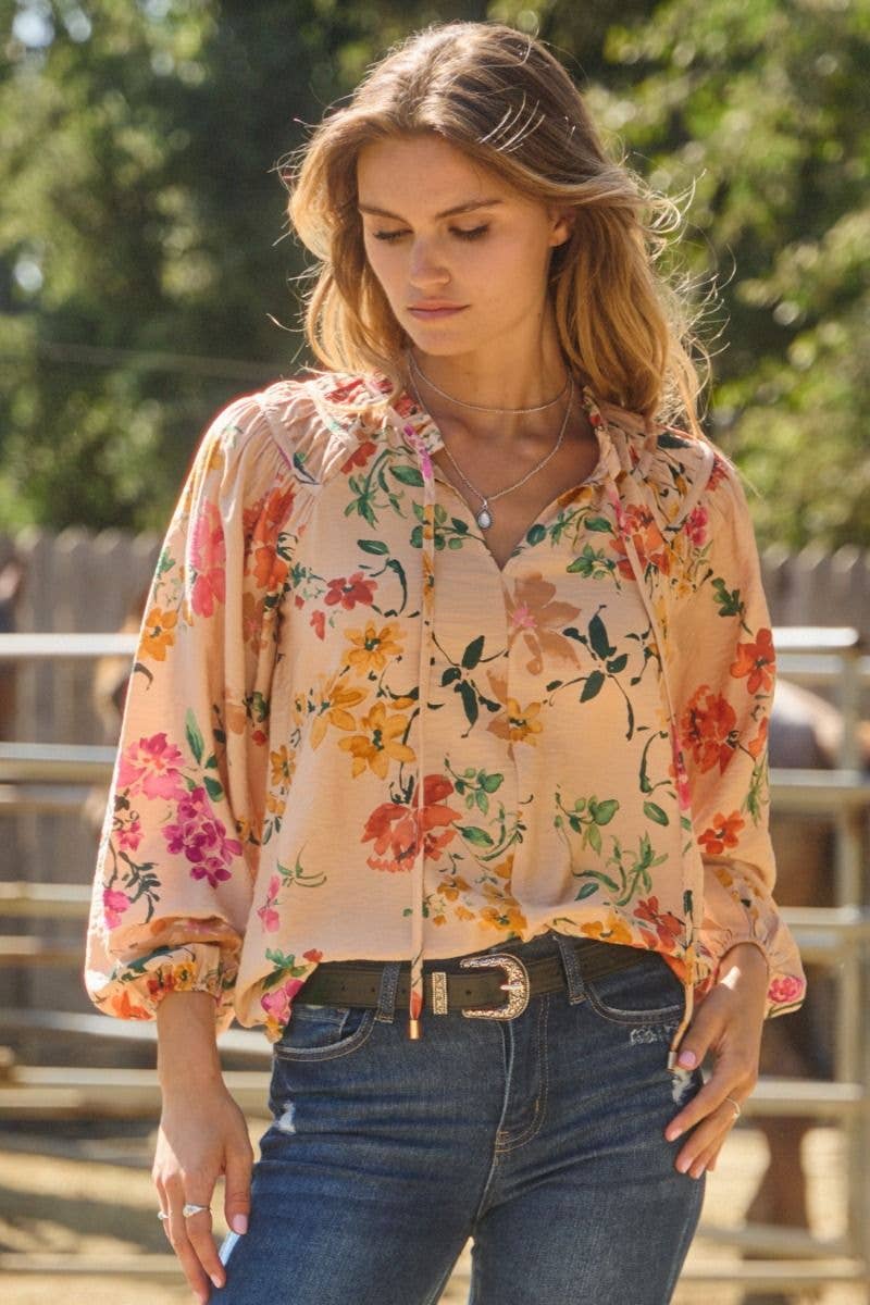 Floral Printed Long Sleeve Blouse - small remaining