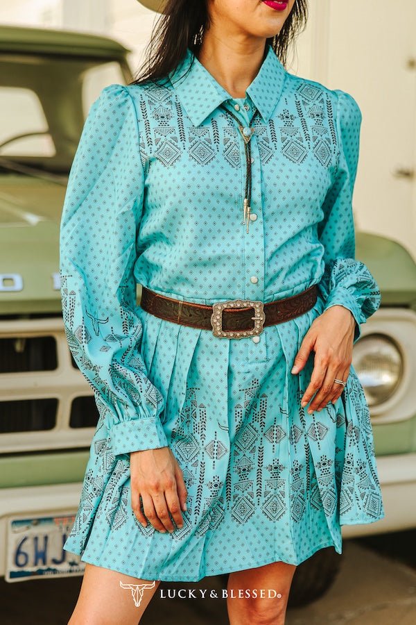 Jade Aztec Pearl Snap Button Down Pleated Dress