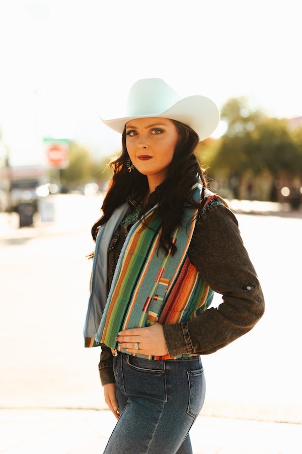 Jade Serape Woven Zip-Up Sleeveless Puffer Vest