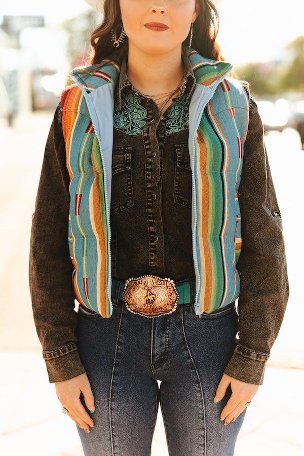 Jade Serape Woven Zip-Up Sleeveless Puffer Vest