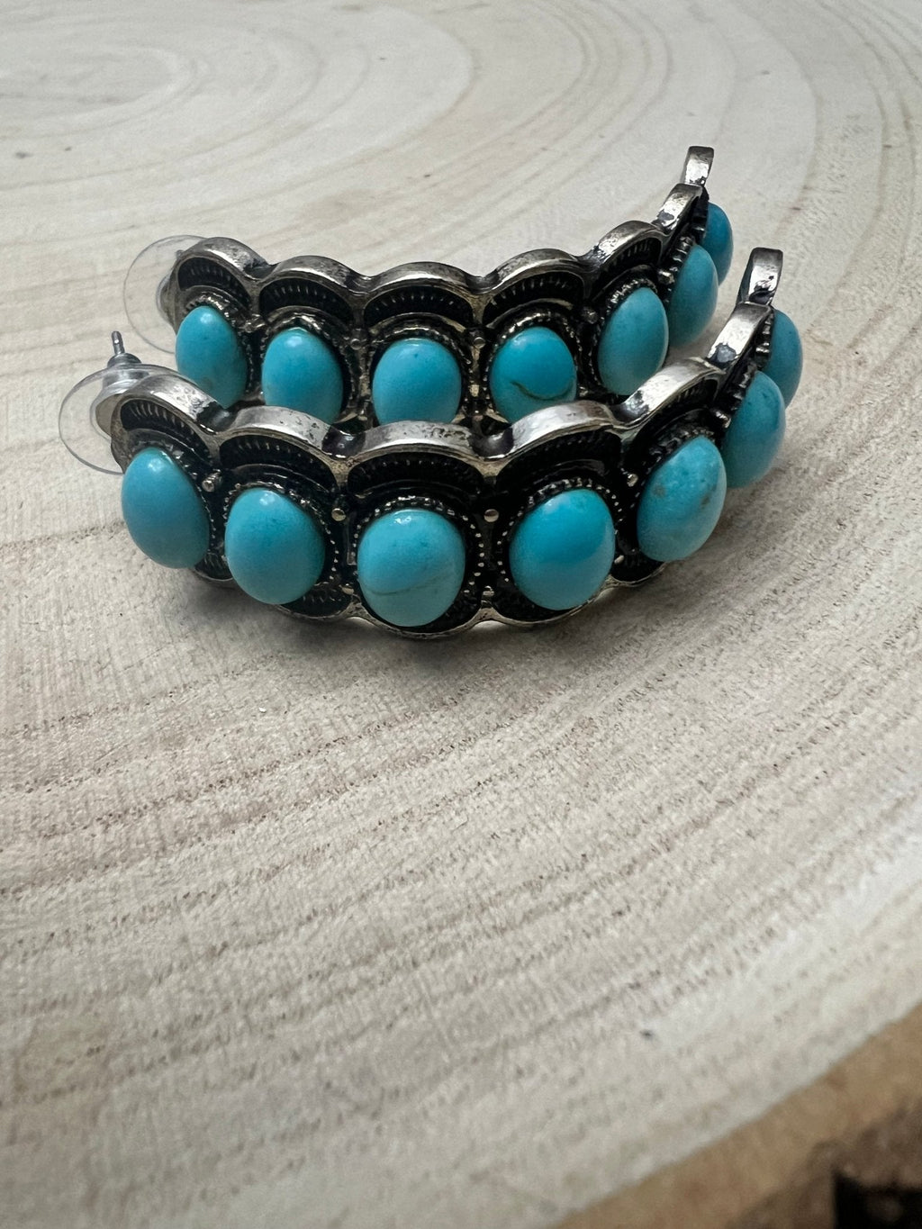 Large Western Faux Turquoise Hoop Earrings - 2 inch hoop
