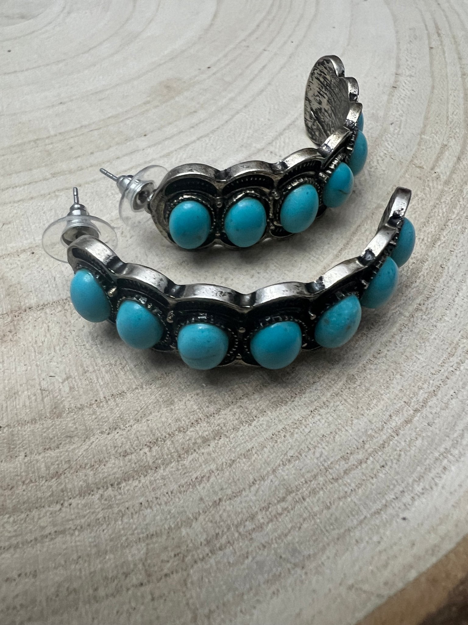 Large Western Faux Turquoise Hoop Earrings - 2 inch hoop