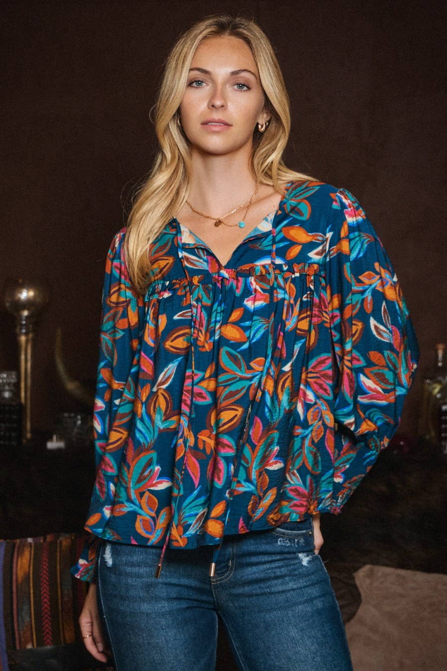 Leaf Printed Long Sleeve Blouse - Small remaining