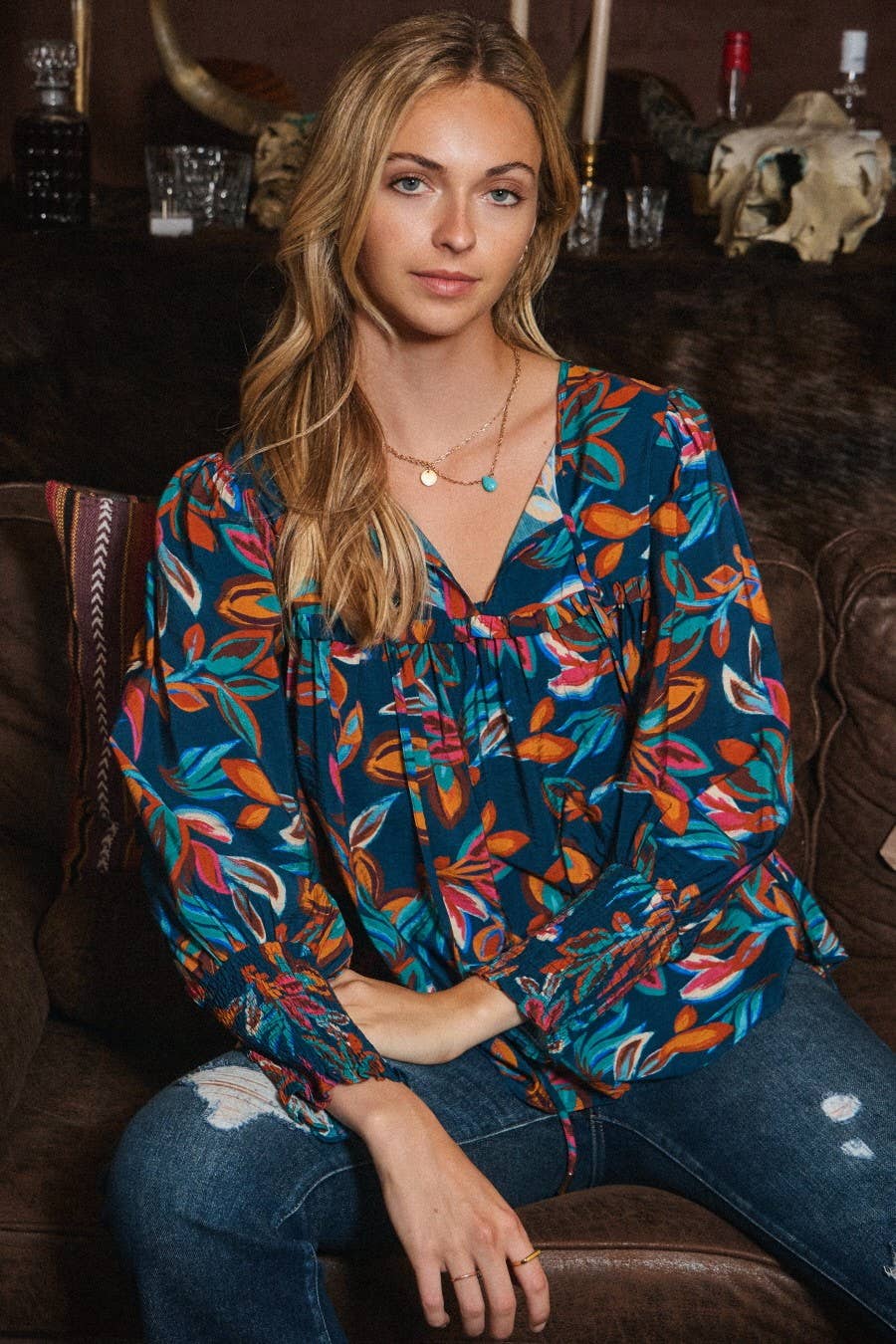 Leaf Printed Long Sleeve Blouse - Small remaining
