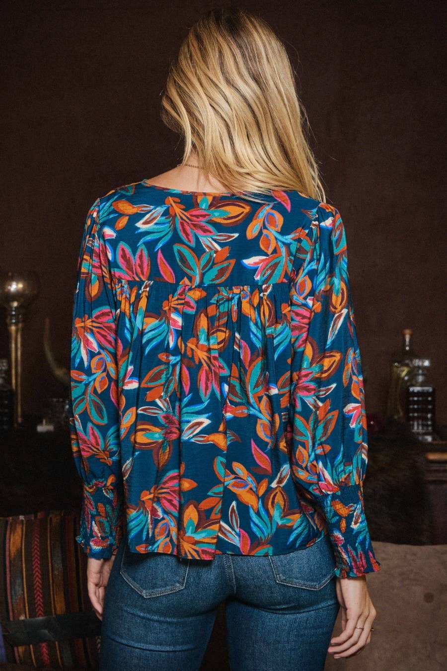 Leaf Printed Long Sleeve Blouse - Small remaining