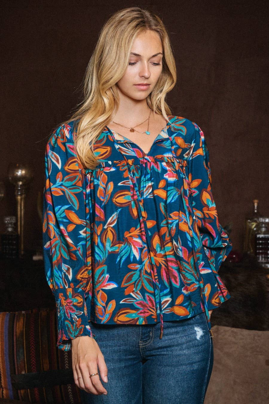 Leaf Printed Long Sleeve Blouse - Small remaining