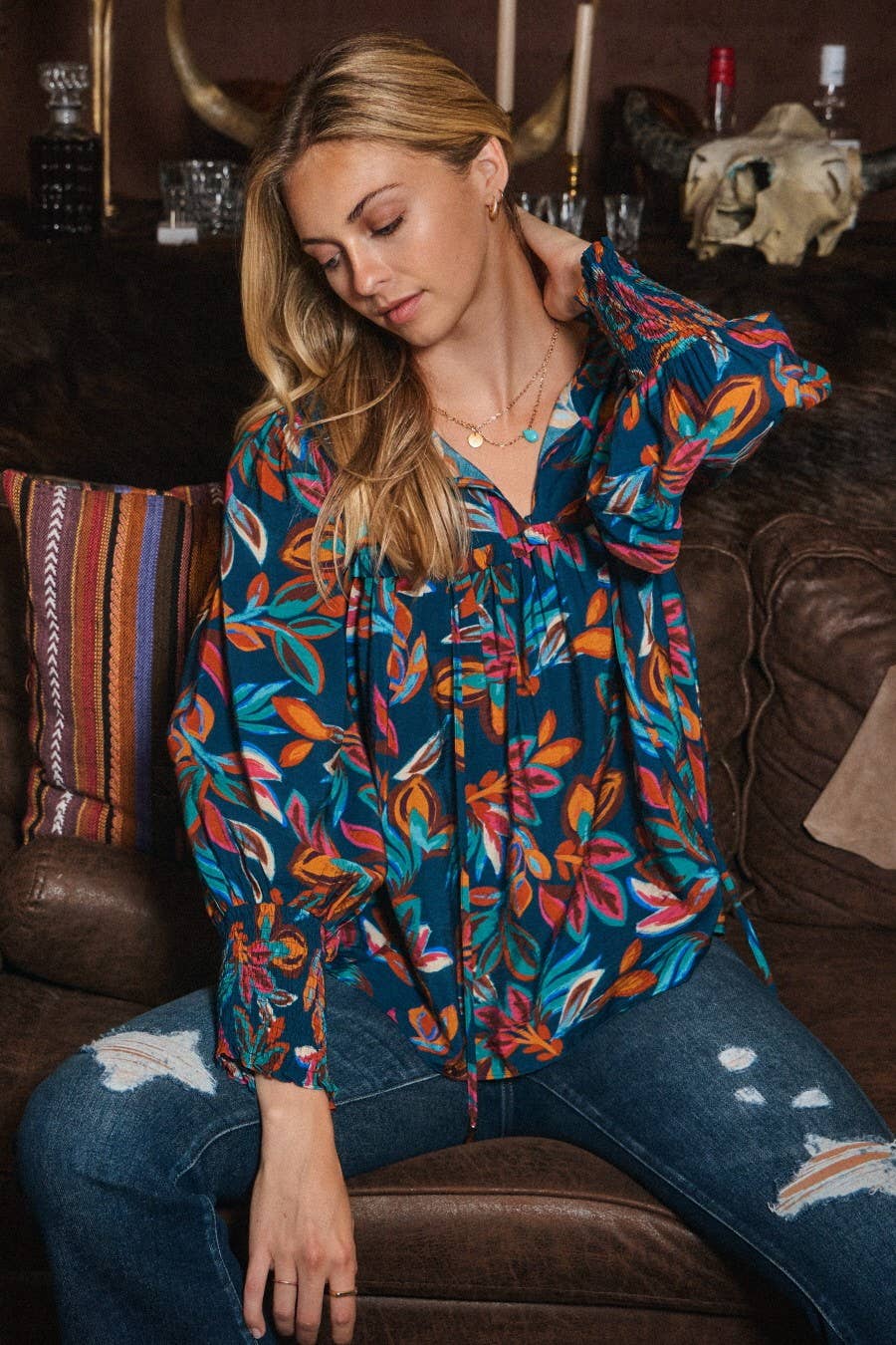 Leaf Printed Long Sleeve Blouse - Small remaining