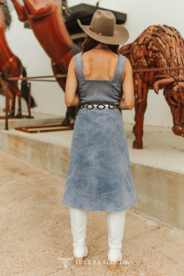 Light Wash Stretch Denim Strap Button Down Dress