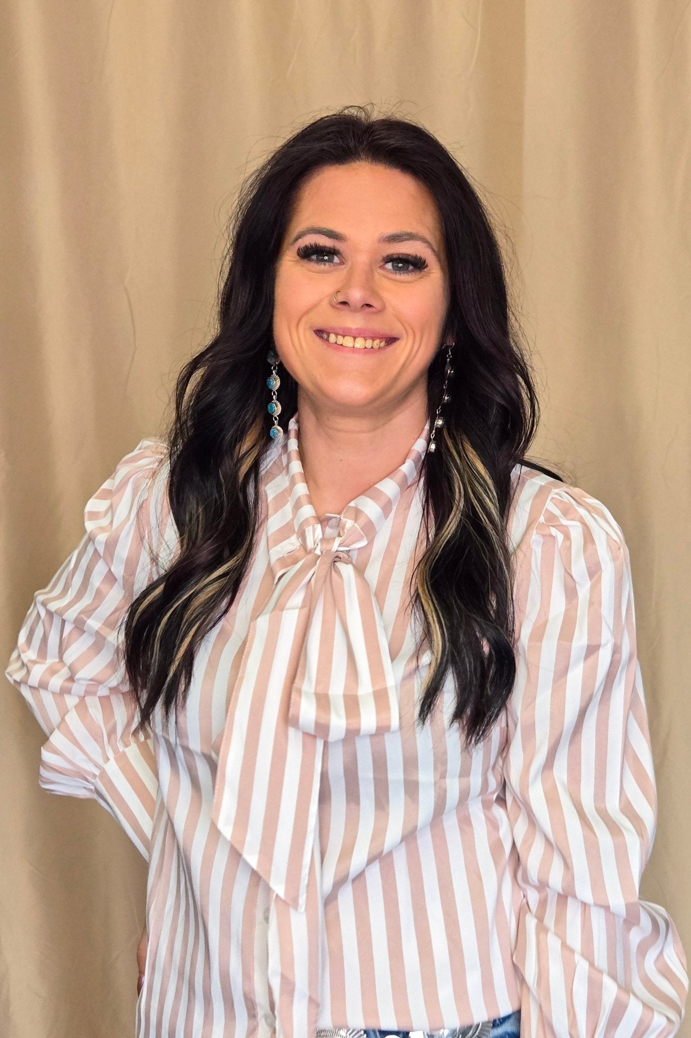 Howdy Hanny Mauve Stripe Long Sleeve Bow Tie Top - small remains