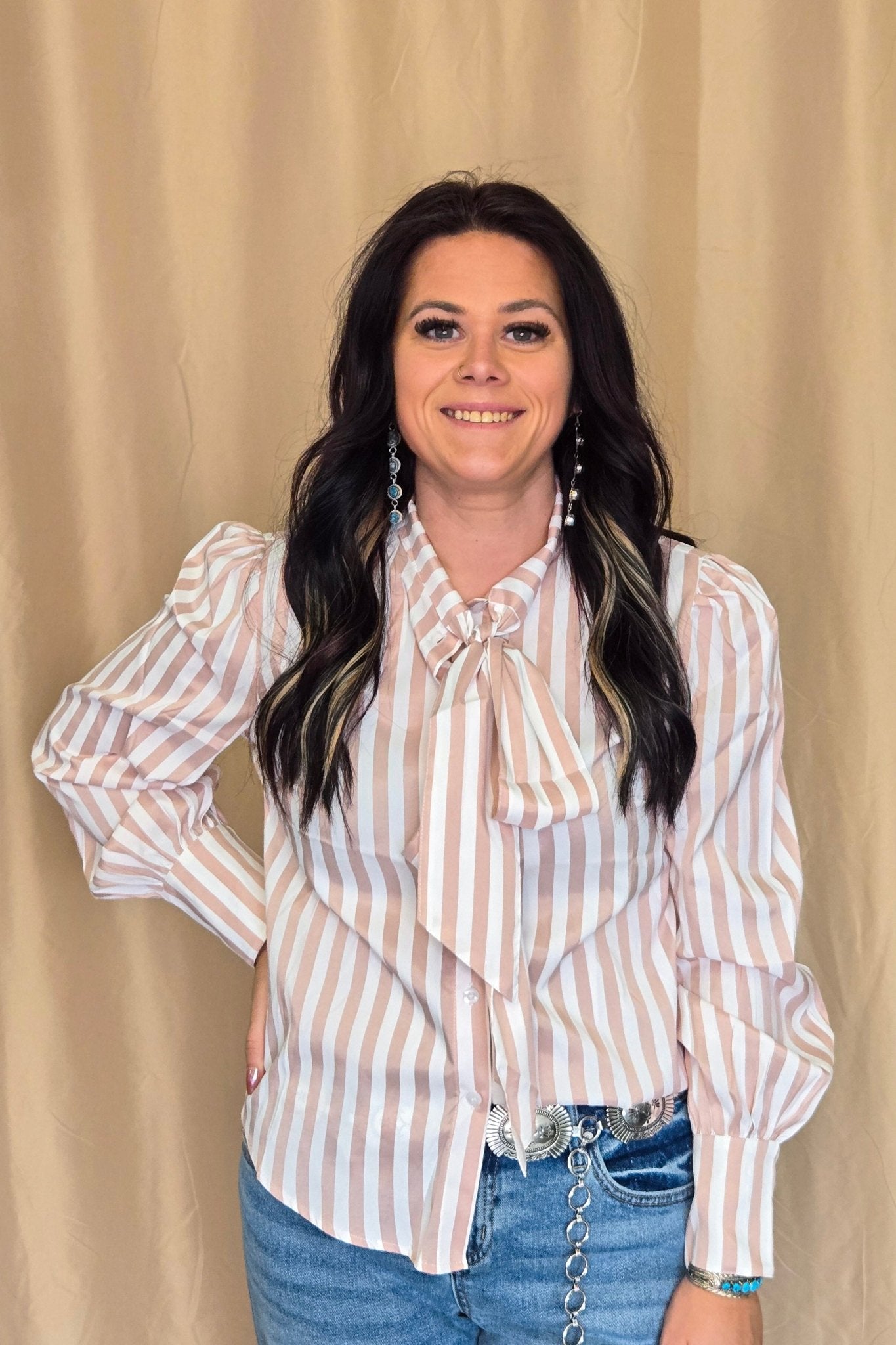 Howdy Hanny Mauve Stripe Long Sleeve Bow Tie Top - small remains