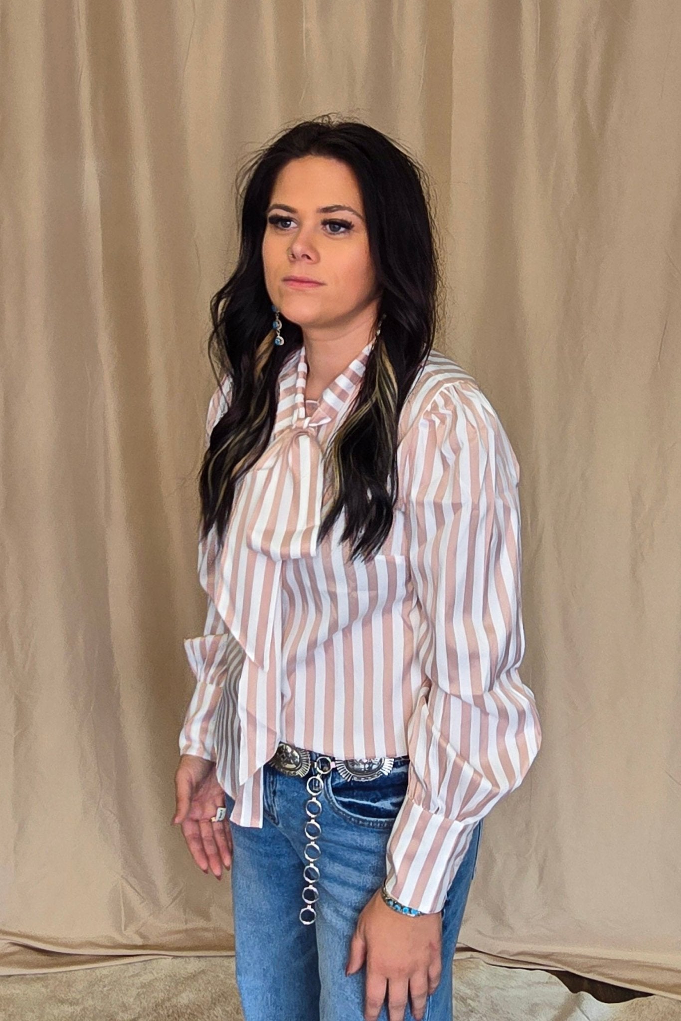Howdy Hanny Mauve Stripe Long Sleeve Bow Tie Top - small remains