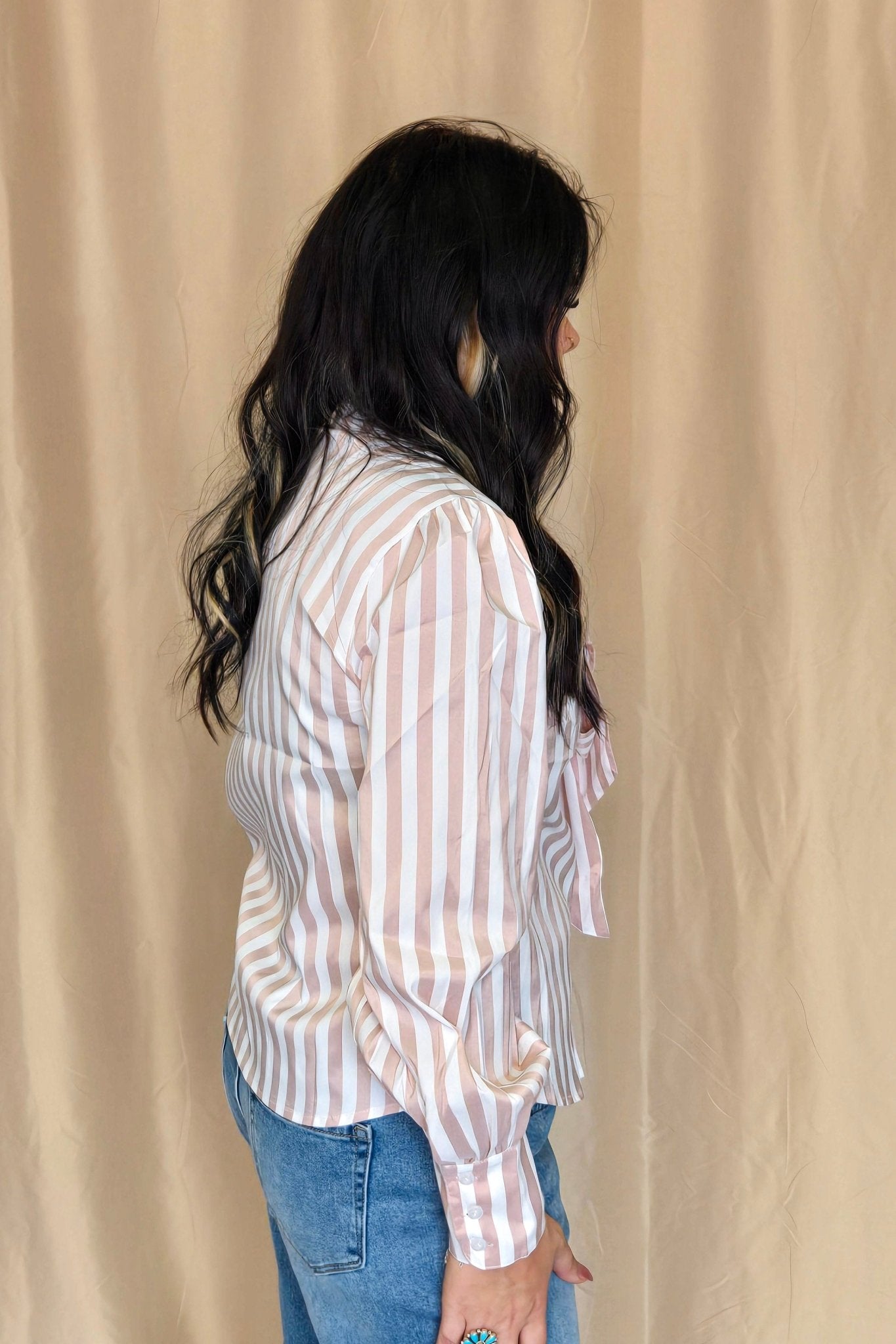 Howdy Hanny Mauve Stripe Long Sleeve Bow Tie Top - small remains