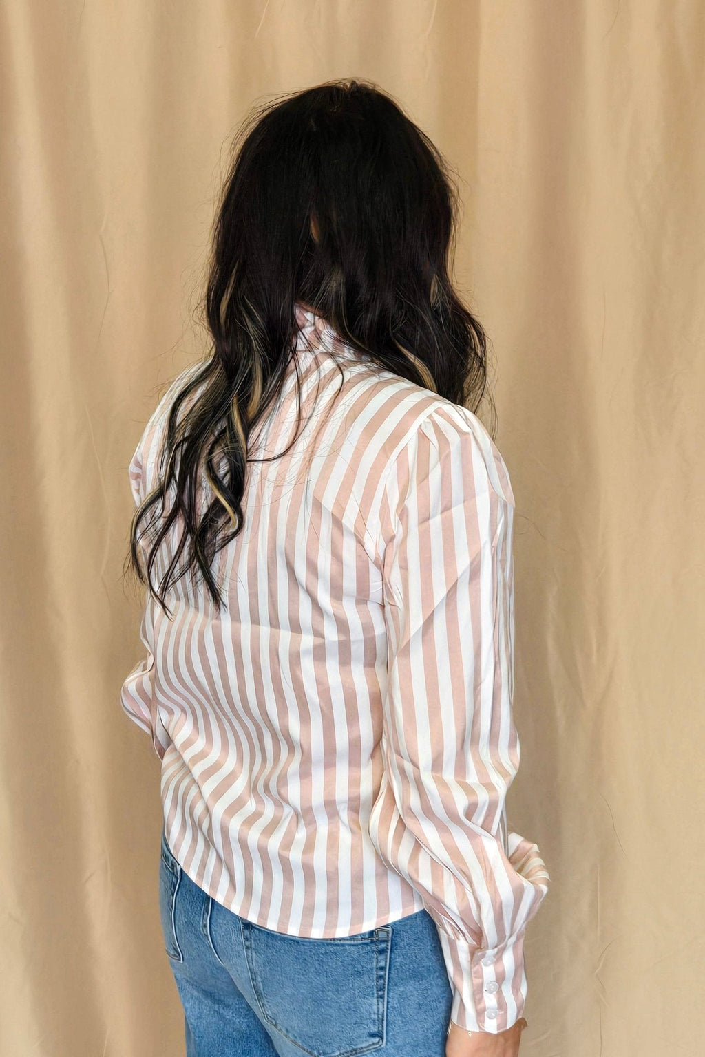 Howdy Hanny Mauve Stripe Long Sleeve Bow Tie Top - small remains