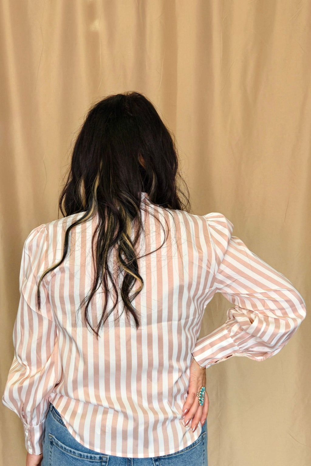 Howdy Hanny Mauve Stripe Long Sleeve Bow Tie Top - small remains