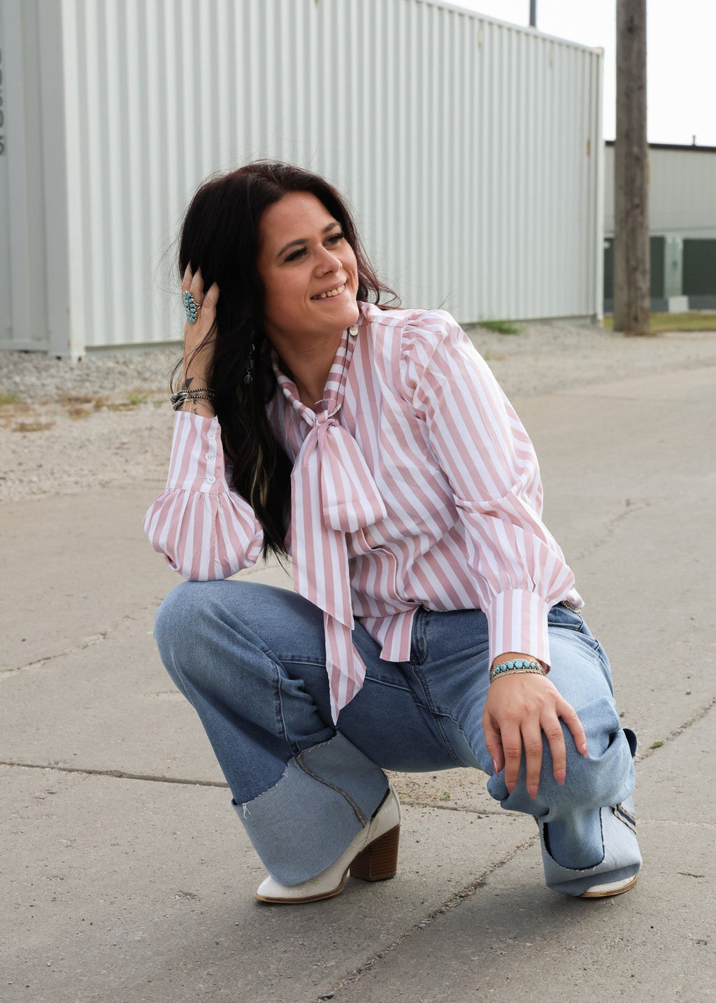 Howdy Hanny Mauve Stripe Long Sleeve Bow Tie Top - small remains