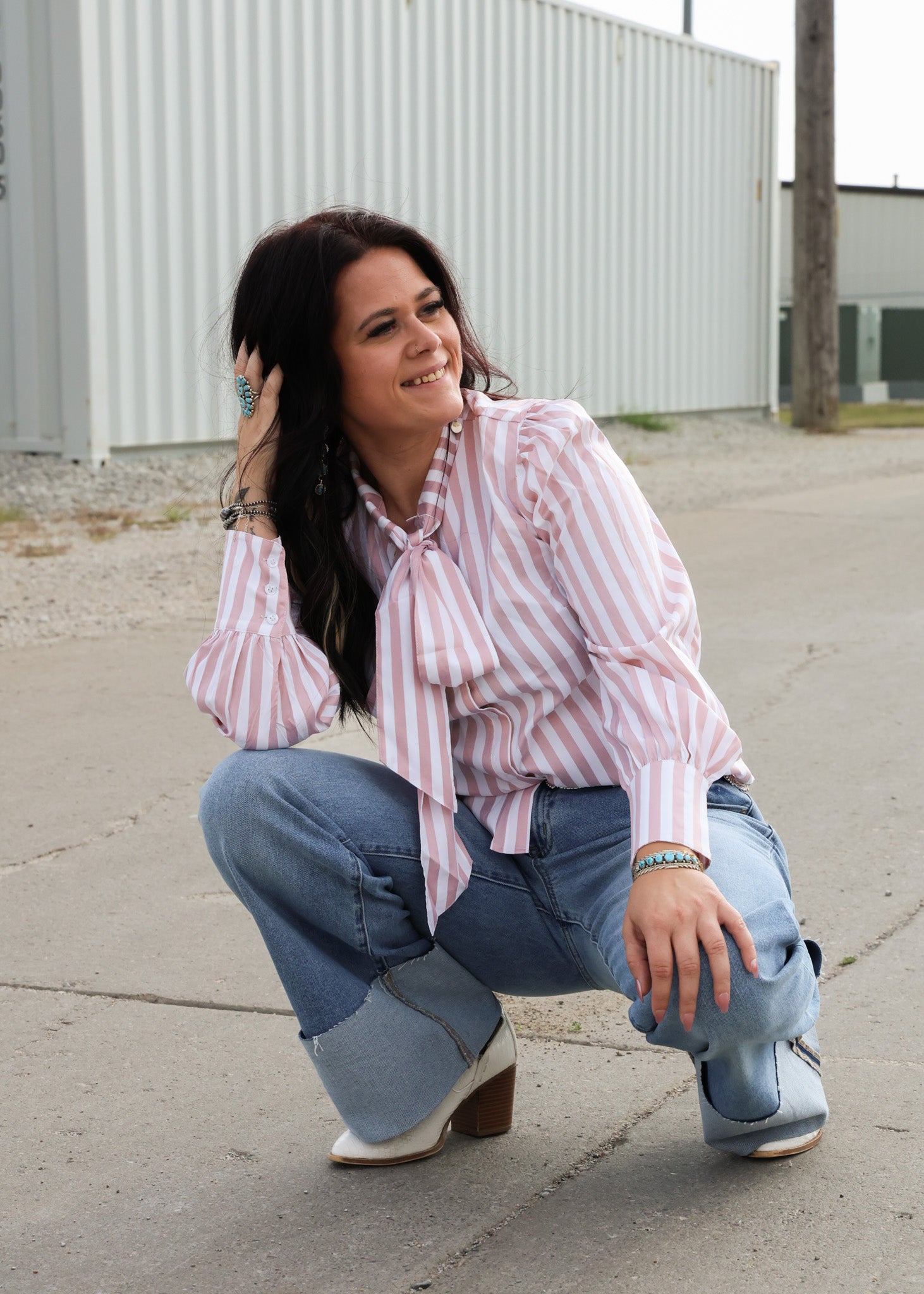 Howdy Hanny Mauve Stripe Long Sleeve Bow Tie Top - small remains