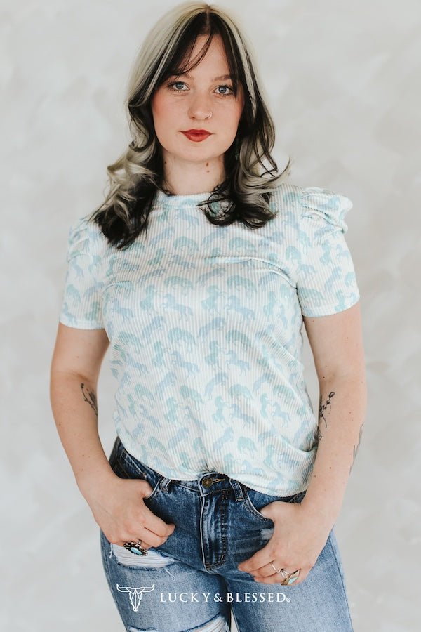 Mint Horse Printed Puff Short Sleeve Top