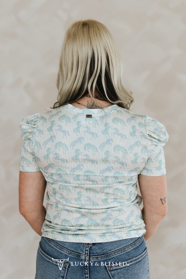 Mint Horse Printed Puff Short Sleeve Top