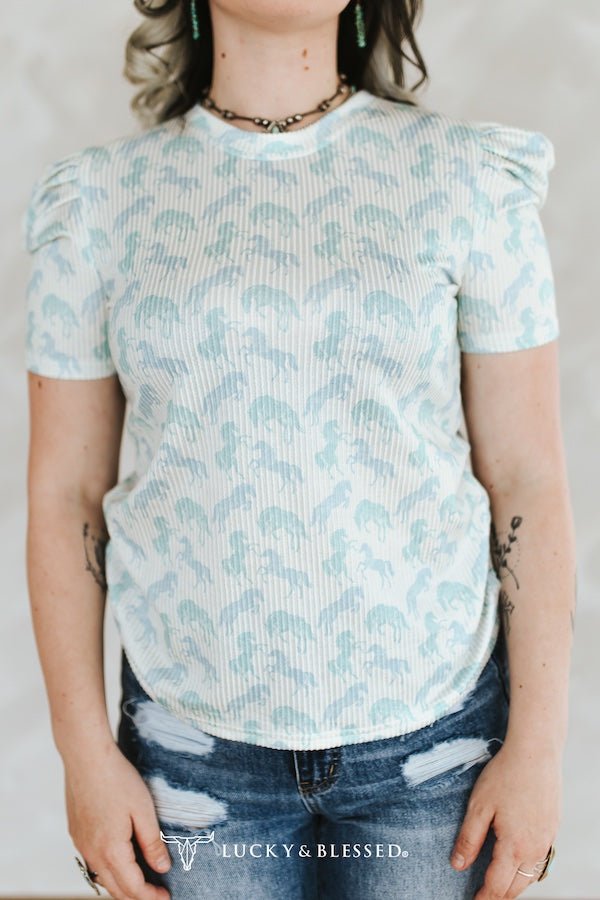 Mint Horse Printed Puff Short Sleeve Top