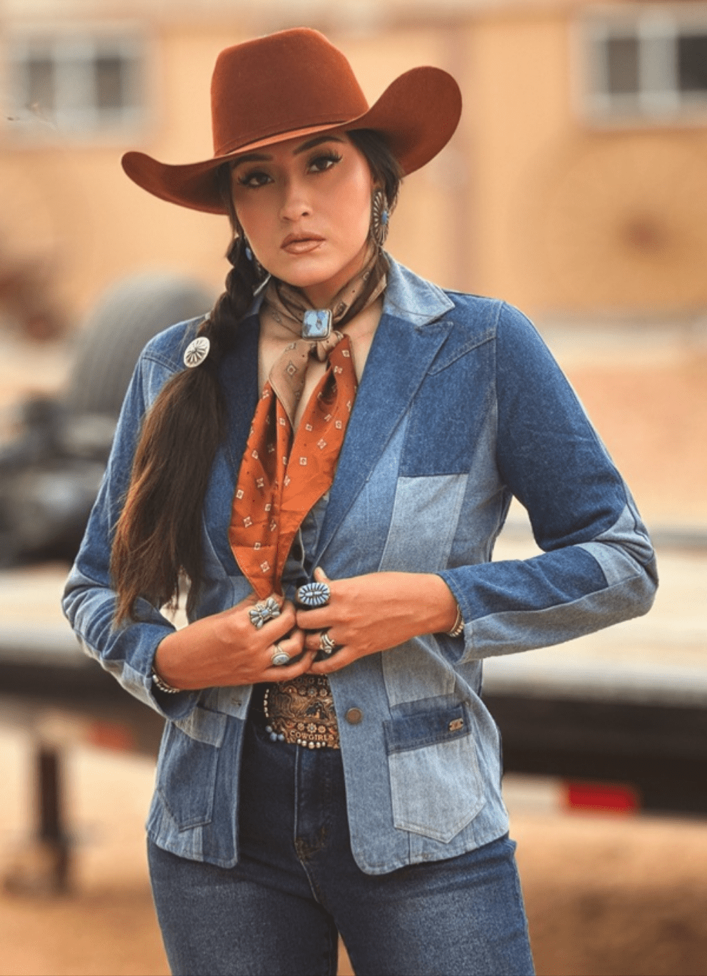 Denim Patchwork Blazer with Front Pockets