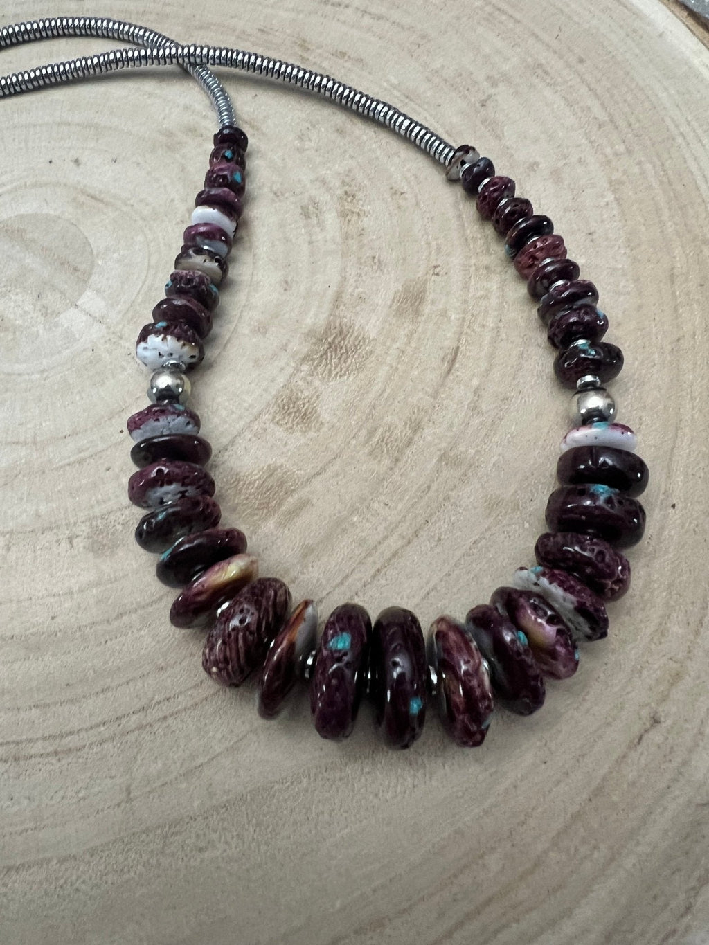 Purple spiny oyster and turquoise graduated & shell necklace - 23 inch