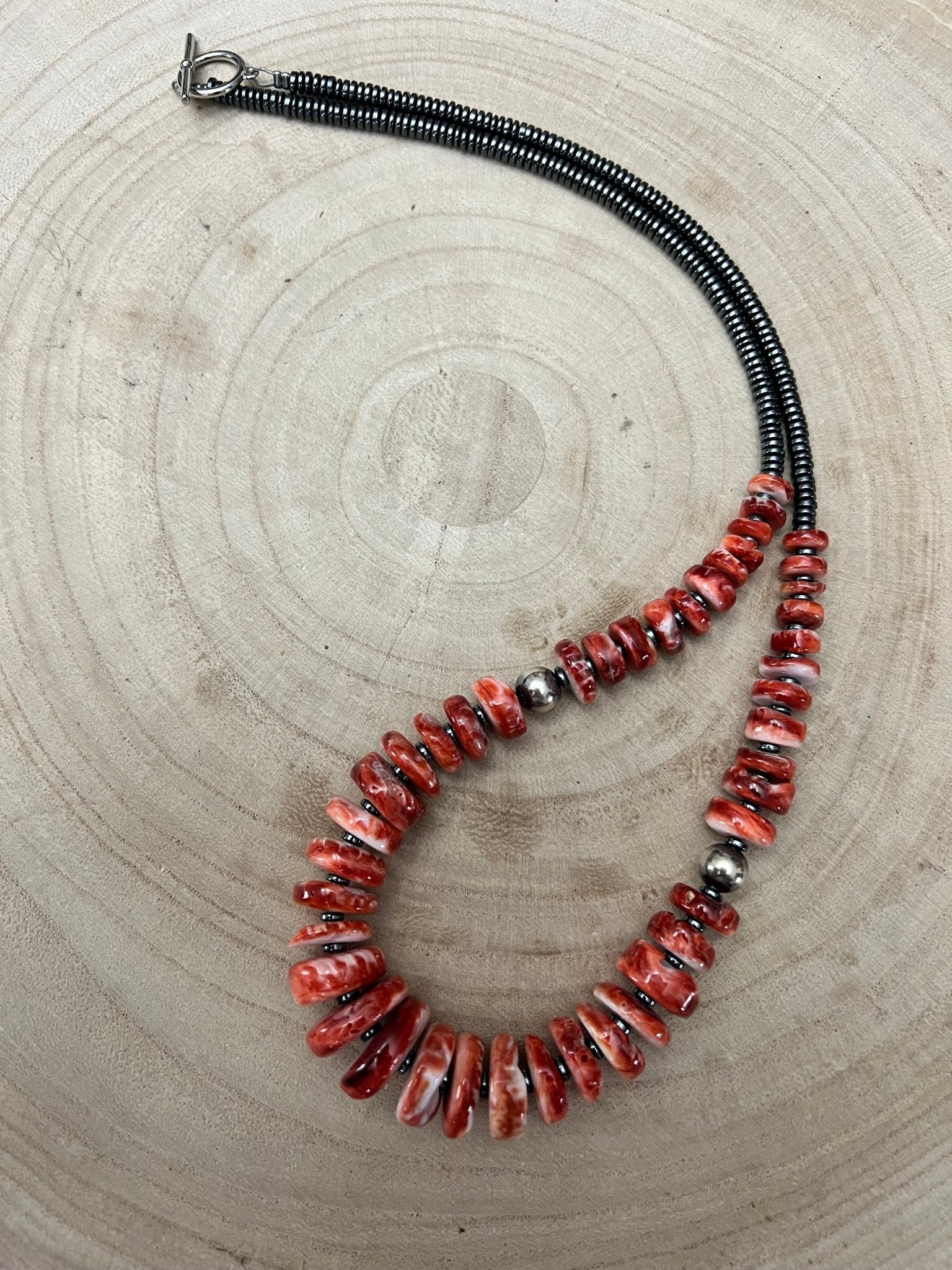 Red Spiny Oyster & Black Hematite Necklace – 23.5 inch