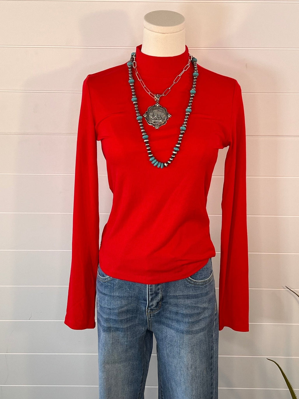Ribbed Long Sleeve Mock Neck Top - Red, Teal, Black and brown