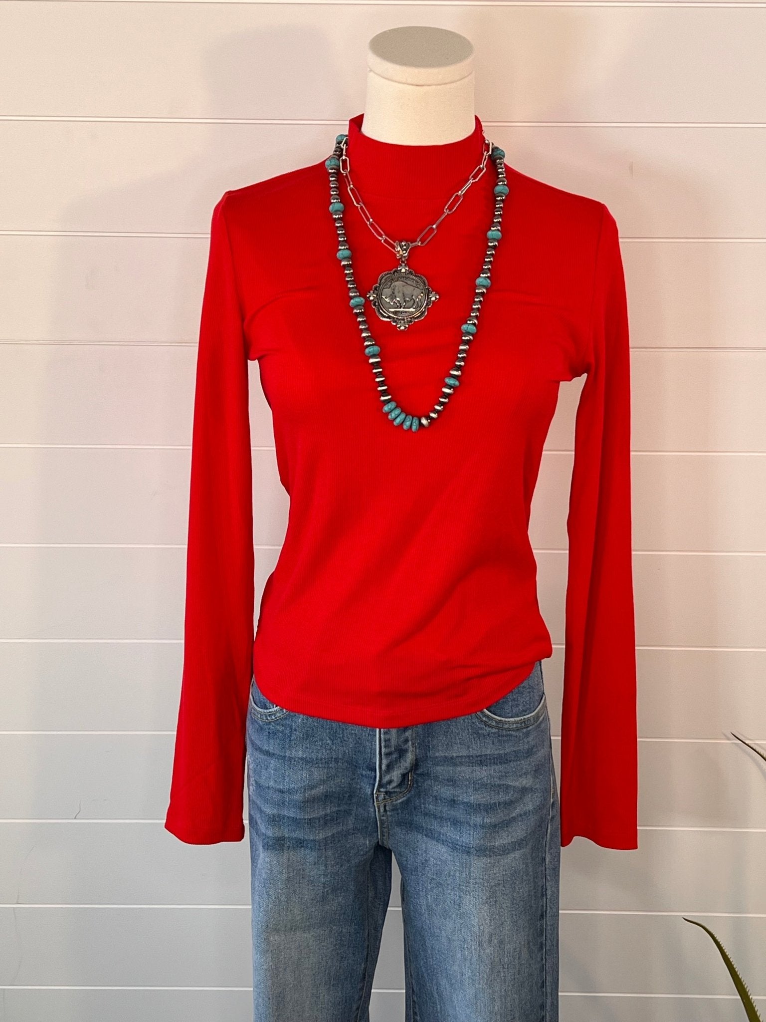 Ribbed Long Sleeve Mock Neck Top - Red, Teal, Black and brown