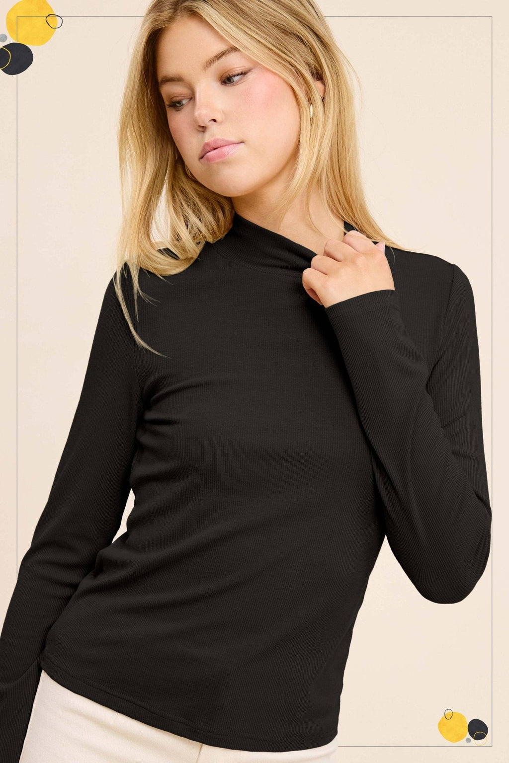 Ribbed Long Sleeve Mock Neck Top - Red, Teal, Black and brown