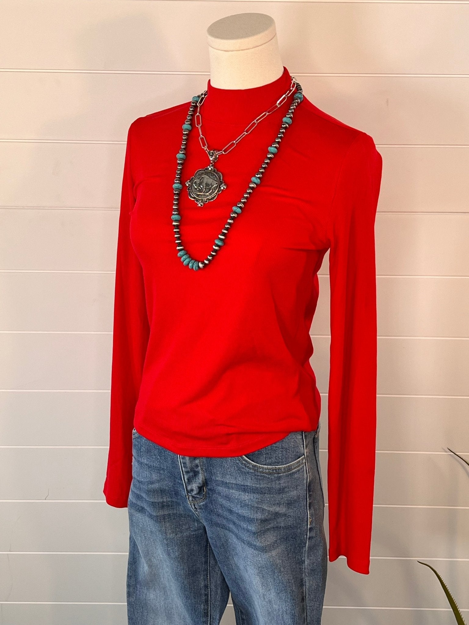 Ribbed Long Sleeve Mock Neck Top - Red, Teal, Black and brown