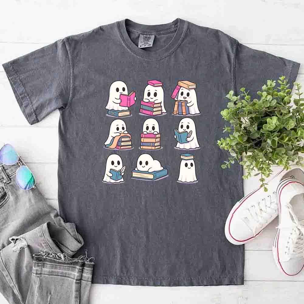 Ghost Reading Comfort Colors Shirt – Spooky Book Lover Halloween Tee