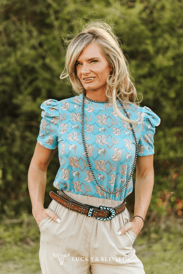 Turquoise Boots Printed Puff Short Sleeve Top